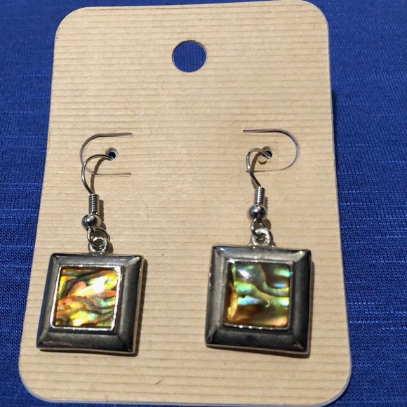 Dazzle Them Gems Jewelry - Real Abalone and Silver Square Dangle Earrings